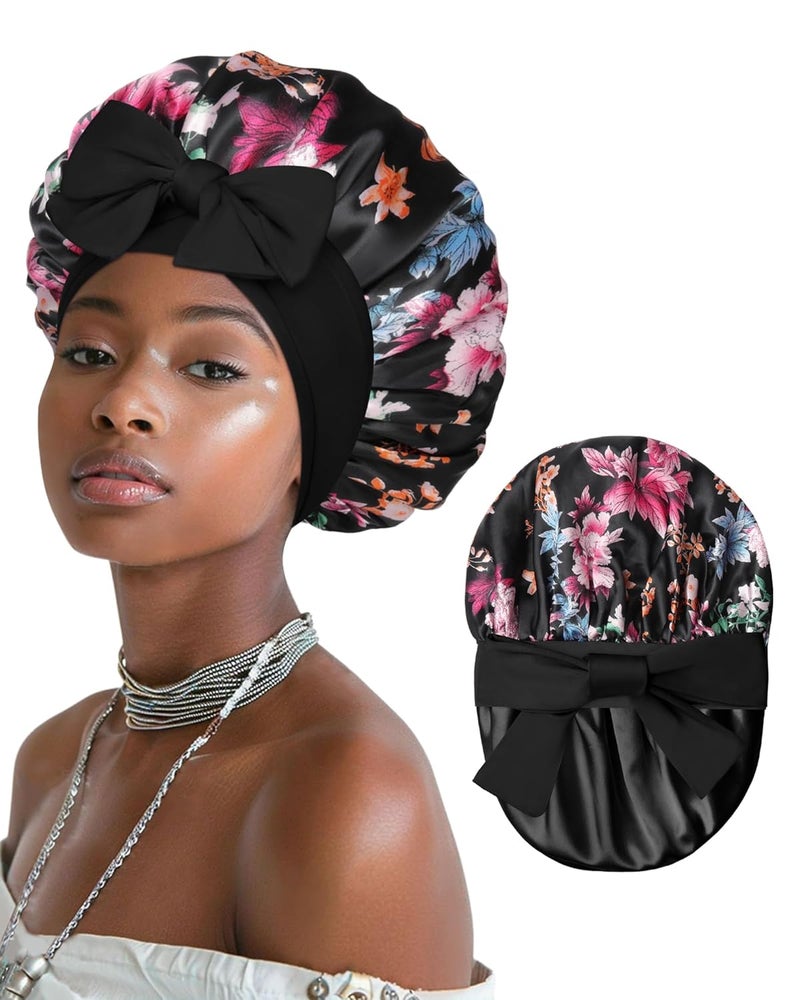 AWAYTR Satin Bonnet for Women Silk Bonnets for Sleeping Curly Hair Bonnet with Elastic Tie Band Reversible Double Layer Sleep Cap Hair Wrap (Rose Red Flowers + Black) - Image 1